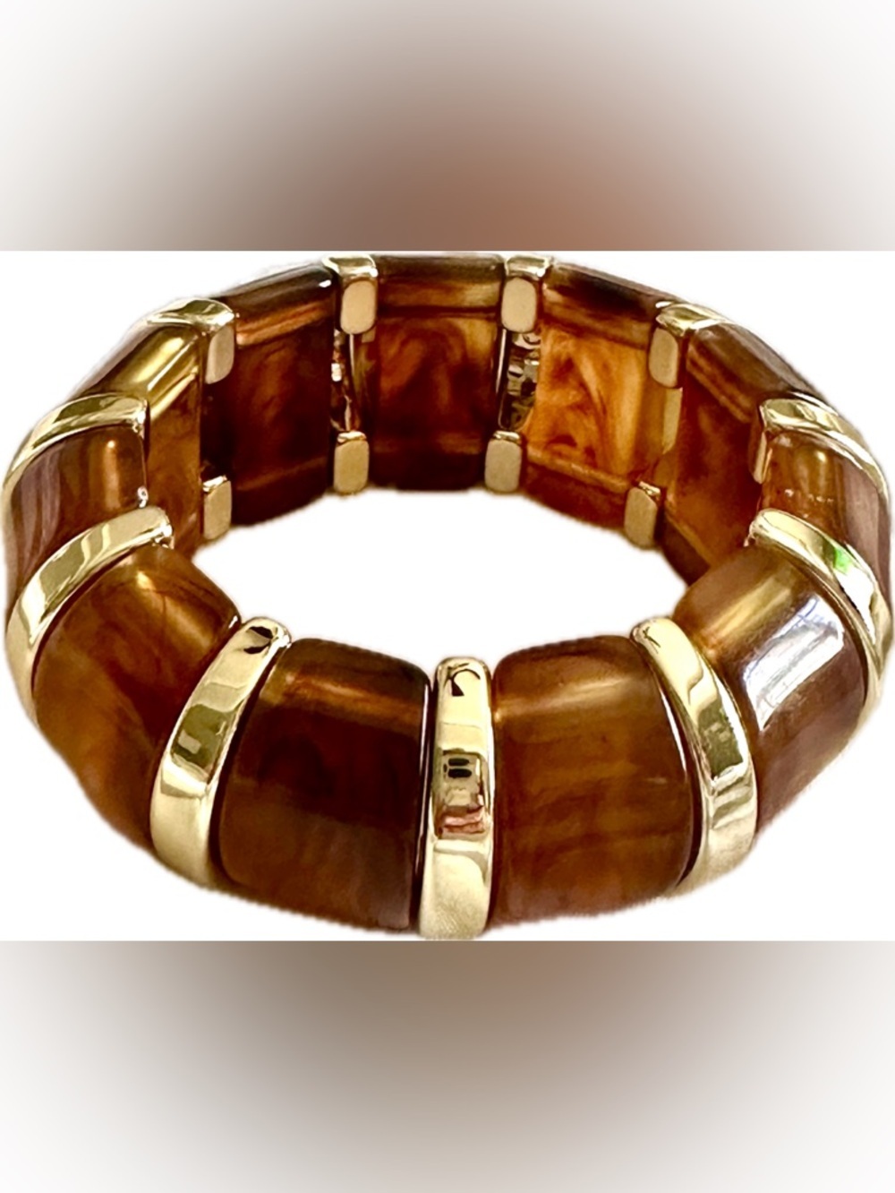 Treasure Jewels-Warm Amber Resin Stretch Bracelet with Gold Accents